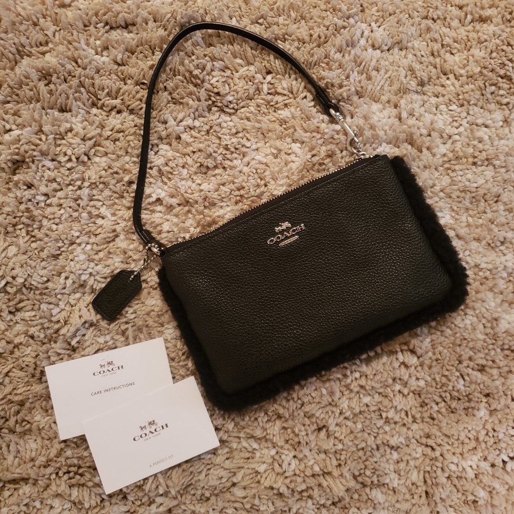 Coach Wristlet w/ Faux Fur Trim (Black & Silver)